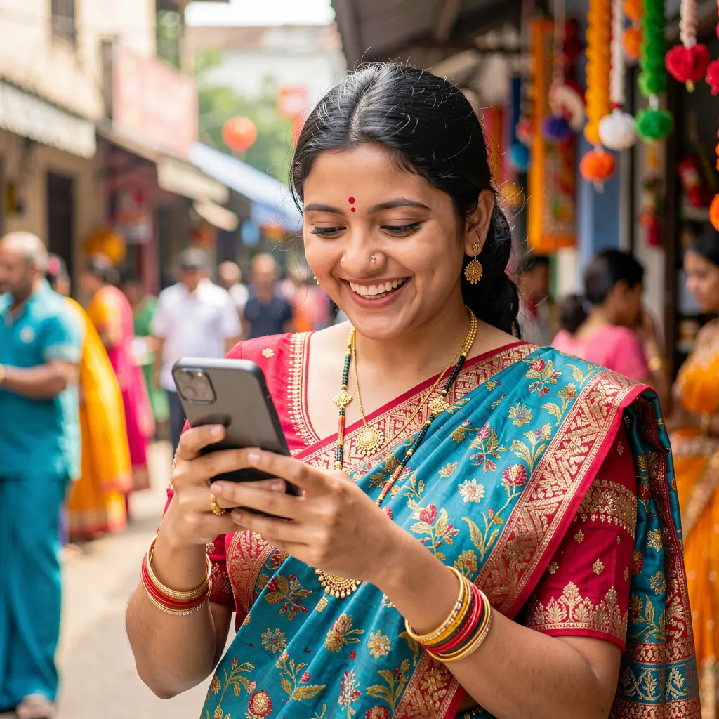 Smiling Bangladeshi woman using the 44OK casino app on her smartphone with colorful traditional decor in the background