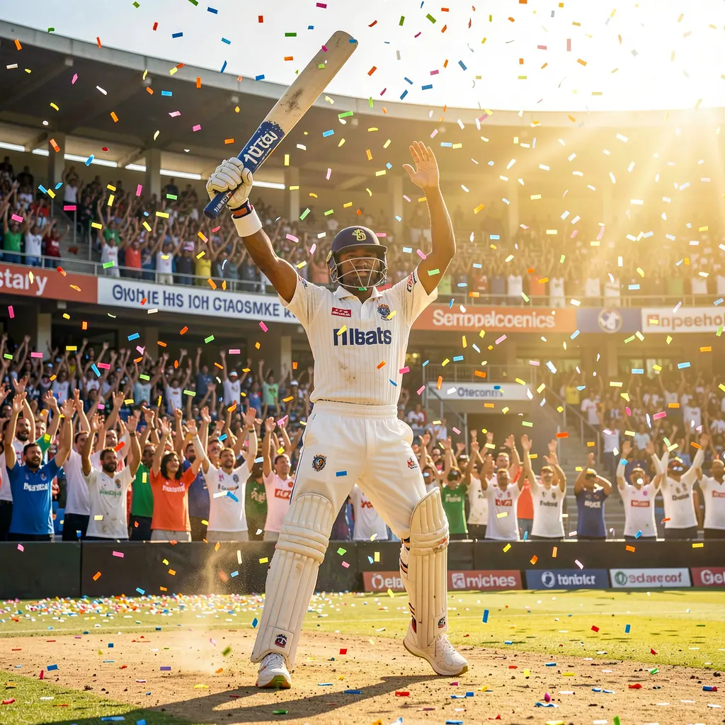Cricket player celebrating a winning moment on the field with raised arms and cheering fans highlighting the thrill of sports betting with 44OK