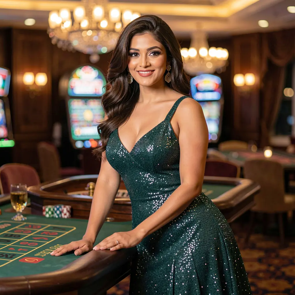 A glamorous woman in a sparkling evening dress leaning on a casino roulette table surrounded by glowing lights representing the premium gaming atmosphere of 44OK casino in Bangladesh