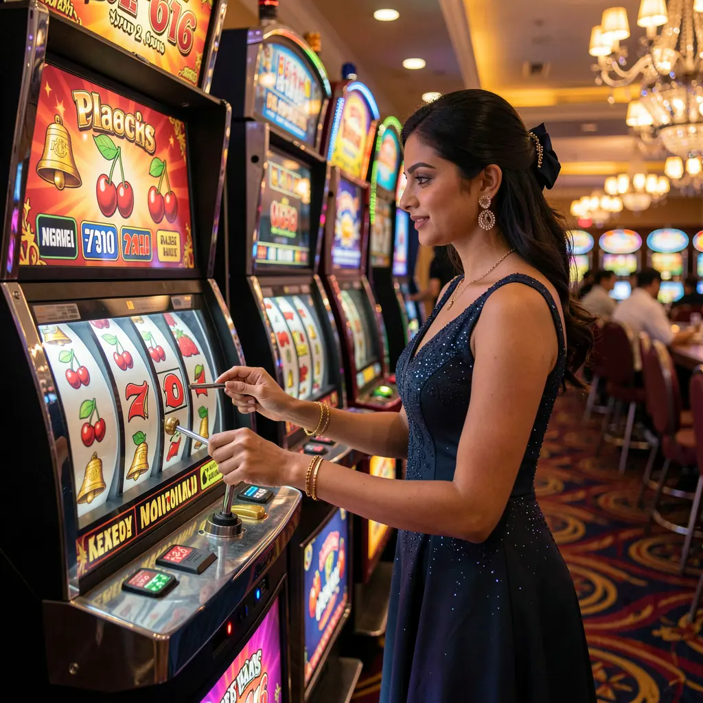A confident Bangladeshi woman enjoying classic slot gameplay at 44OK casino with vibrant reels and a modern casino atmosphere